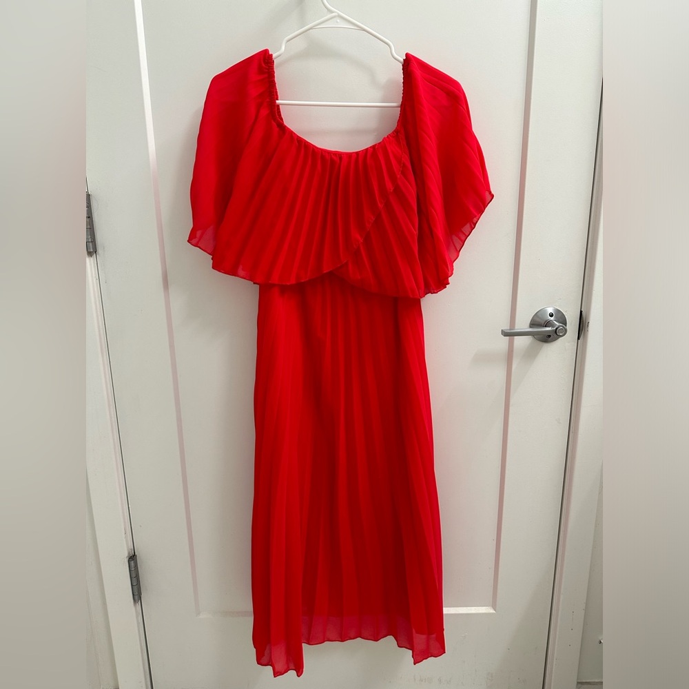 ASOS off the shoulder red pleated midi dress
